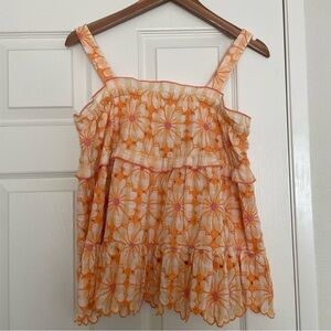 Anthropologie Orange and White Daisy Eyelet Tiered Tank